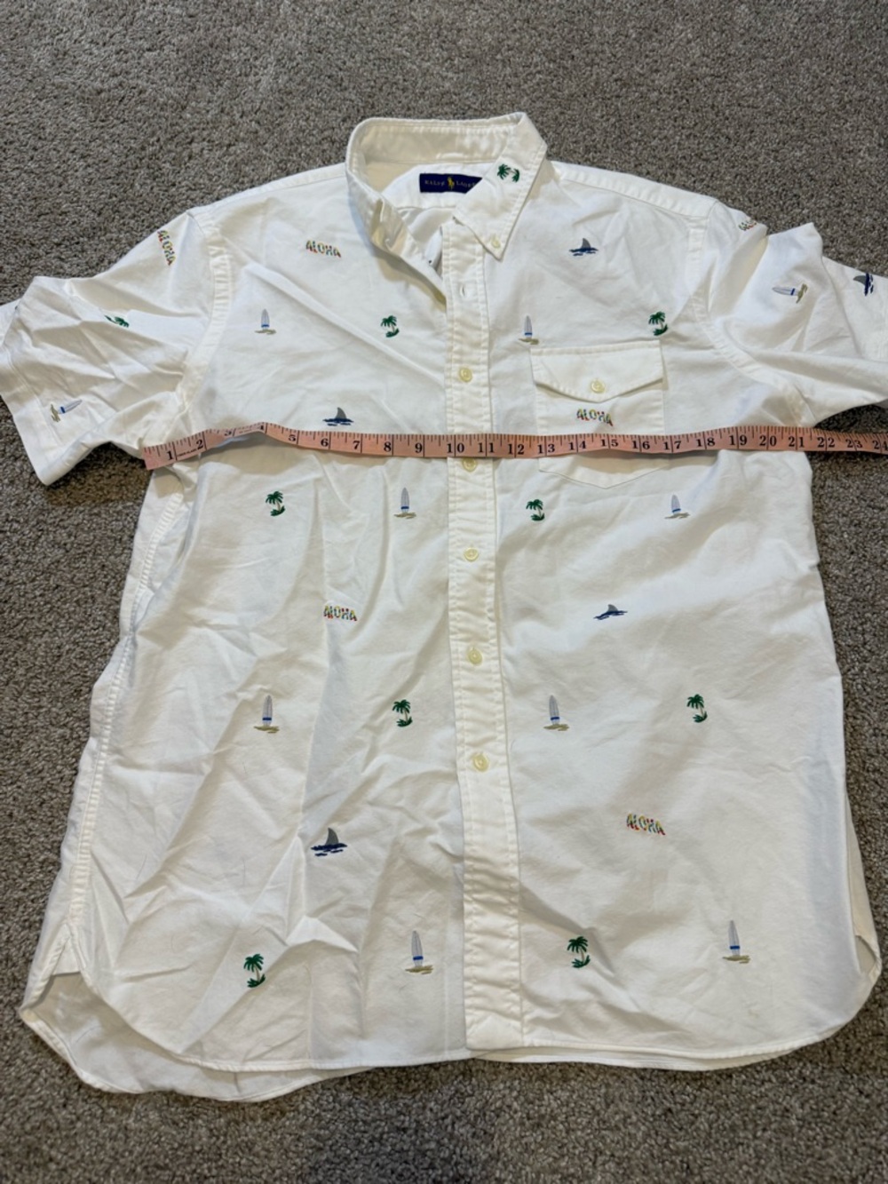 Polo Ralph Lauren Men's White Aloha Embroidered Short Sleeve Button Down Shirt L - Picture 6 of 6